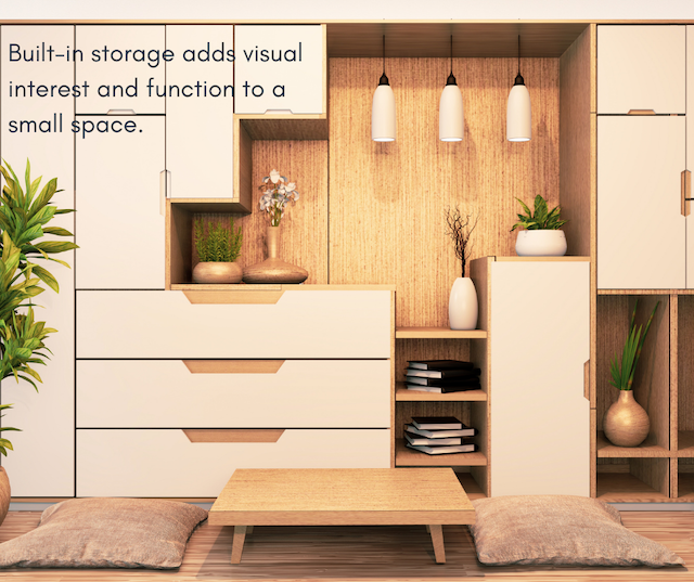 Built-in storage adds visual interest and function to small spaces